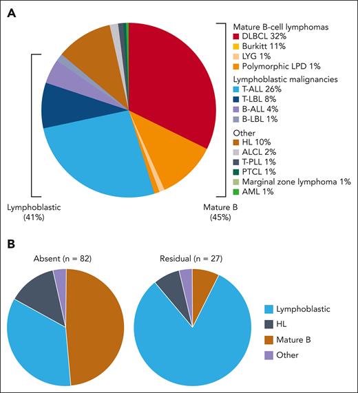 The spectrum of hematological malignancies. (A) The spectrum of hematological malignancies in the entire cohort (202 patients). (B) The differential tumor spectrum in patients with absent ATM kinase activity and in those with residual ATM kinase activity. Patients with absent ATM kinase activity (n = 82): lymphoblastic leukemia/lymphoma (34%), mature B-cell lymphoma (49%), HL (13%), and other (4%). Patients with residual ATM kinase activity (n = 27): lymphoblastic leukemia/lymphoma (82%), mature B-cell lymphoma (7%), HL (7%), and other (4%). ALCL, anaplastic large cell lymphoma; AML, acute myeloid leukemia; DLBCL, diffuse large B-cell lymphoma; HL, Hodgkin lymphoma; LBL, lymphoblastic lymphoma; LPD, lymphoproliferative disorder; LYG, lymphomatous granulomatosis; PTCL, peripheral T-cell lymphoma; T-PLL, T-cell prolymphocytic leukemia.
