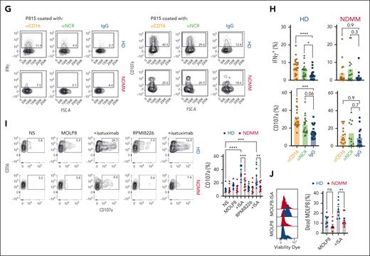 Decreased cytotoxic functions in NK cell from patients with MM. (A) Heatmap of leading-edge genes standardized expression from “natural_killer_cell_mediated_cytotoxicity” KEGG pathway across NK clusters or disease state (see GSEA analysis in Figure 2G-H). (B-F) A spectral flow cytometry analysis of NK cells from 49 NDMM and 21 HD thawed BM samples was performed. (B) UMAP showing the identification of 5 main NK subsets by unsupervised clustering. (C-D) UMAP (C) and graphs (D) showing differences in cluster distributions among HD and NDMM. (E) Heat map showing the expression of the indicated markers by the different NK cell clusters. (F) FACS plots and graphs showing the mean fluorescence intensity (MFI) of the indicated markers by the different NK cell clusters. (G) Thawed PB HD or NDMM NK cells were incubated with P815 coated with anti-CD16, anti-NCR (NKp30, NKp44, NKp46), or control immunoglobulin G (IgG) for 6 hours. Representative FACS plots (G) and graphs (H) showing the expression of CD107a degranulation marker and the intracellular production of IFN-γ. (I-J) Thawed PB HD or NDMM NK cells were incubated with the indicated MM cell lines coated or not with isatuximab for 6 hours. Representative FACS plots and graphs showing the expression of CD107a degranulation marker by NK cells (I) and tumor cell apoptosis (J) Each dot represents an independent donor. ∗P < .05; ∗∗P < .01; ∗∗∗P < .001; ANOVA (analysis of variance) with Tukey post hoc test analysis. ISA, isatuximab; NS, nonstimulated.