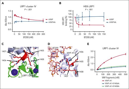 BT200 inhibits VWF interaction with LPR1 by blocking lysine 1405-1408 cluster in VWF-A1 domain. (A) Binding of full-length rVWF (red) and rVWF-4A (blue) to purified LRP1 cluster IV in an immunosorbent plate-binding assay in the presence or absence of increasing concentrations of BT200. Dots represent the mean absorbance at 450 nm at the corresponding VWF concentrations. Error bars depict the standard deviations. (B) Binding of full-length rVWF (red) and rVWF-4A (blue) to HEK-LRP1 cells assessed by flow cytometry in the presence or absence of increasing concentrations of BT200. HEK-LRP1 binding (%) on the y-axis is calculated from mean fluorescent intensities at different BT200 concentrations presented on the x-axis. Error bars depict the standard deviations of the fluorescent intensities. P values are outcomes of extra-sum-of-squares F test and compare the binding capacity of rVWF and rVWF-4A with LRP1 cluster IV (A) or HEK-LRP1 (B). (C) AlphaFold 3 model of the interaction between LRP1 cluster IV and VWF-A1 shown as a cartoon diagram. VWF-A1 lysine cluster amino acids 1405-1408 shown in red. LRP1 domains CR4,5 (green) engage the lysine cluster of VWF-A1, and calcium ions bound to LRP1 are shown as spheres (blue). Zoom-in view of contacts between LRP1 CR4-5 lysine binding sites with the VWF-A1 1406 and 1408 sidechains. Electrostatic interactions are shown as dashed lines. (D) Crystal structure of BT200 (sticks) bound to VWF-A1 shown as a cartoon diagram showing the proximity to the lysine cluster (red) and direct electrostatic interaction with K1406 shown as a dashed line. (E) Site-directed alanine mutagenesis was used to generate the VWF-A1 variants VWF-A1-K1406A and VWF-A1-K1408A. Binding of VWF-A1-K1406A (blue), VWF-A1-K1408A (green), and wild-type VWF-A1 domain (red) to LRP1 cluster IV was then assessed in a plate-binding assay. Dots represent mean absorbance at 450 nm values at corresponding VWF concentrations. Error bars depict standard deviations.