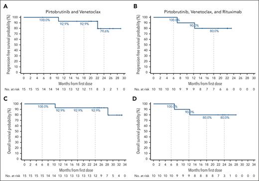 PFS and OS rates. Kaplan-Meier curves for PFS (A-B) and OS (C-D) for patients treated with pirtobrutinib-based combination therapies. Tick marks indicate censored data.
