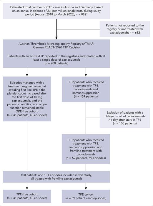 Study flow diagram detailing patient selection. ∗Total number of iTTP cases during study period was estimated given a population of 90 million inhabitants (for Austria and Germany), and an annual incidence of 2.1 per million, as identified in Miesbach et al.26