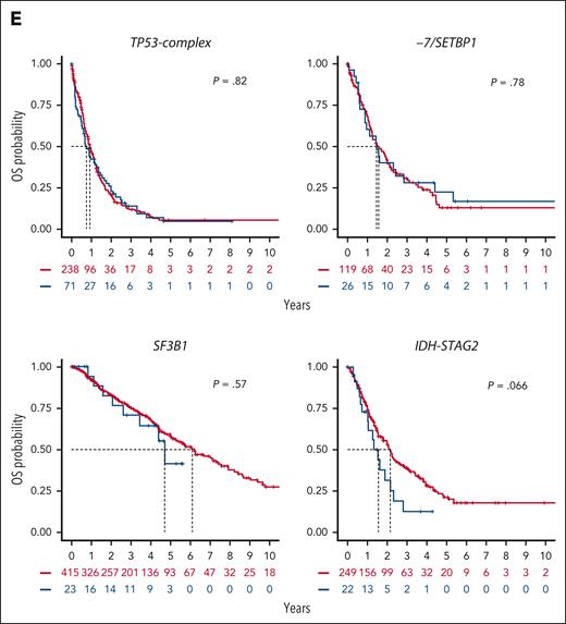Genetic heterogeneity of s/t-MDS. (A) Prevalence of molecular groups in 267 patients with s/t-MDS. (B) Proportion of primary (red) and s/t-MDS (blue) within each molecular group and comparison with the full cohort (top). (C) Distribution of the number of mutated genes per patient in primary or s/t-MDS within each molecular group (TP53-complex, −7/SETBP1, SF3B1, and IDH-STAG2), showing similar molecular complexity of the 2 disease subsets. For example, the median number of mutated genes per patient was equal to 2 for both primary and s/t-MDS within TP53-complex, whereas it was equal to 5 for both subsets within IDH-STAG2. (D) Age distribution in primary or s/t-MDS within each molecular group. (E) Kaplan-Meier probability estimates of OS for primary or s/t-MDS within each molecular group. P values are from the log-rank test.