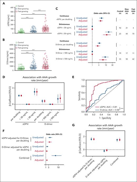 Circulating sGPVI and D-dimer are increased in patients with AAA and are predictive of AAA status and growth rate in the European cohort. (A-B) Plasma was assessed for sGPVI (A) and D-dimer (B) from healthy older control patients (n = 115), slow-growing AAAs (<2 mm/y; n = 75), or fast-growing AAAs (>2 mm/y; n = 74). The median (25th, 75th percentile) of sGPVI for controls was 14.9 ng/mL (8.7, 34.9), for slow-growing AAAs was 42.2 ng/mL (29.0, 62.7), and for fast-growing AAAs was 102.9 ng/mL (72.9, 132.9), represented by black bars (∗∗∗P < .001, by Kruskal-Wallis test). The median (25th, 75th percentile) of D-dimer for controls was 397.8 ng/mL (310.0, 525.8), for slow-growing AAAs was 779.5 ng/mL (508.7, 1184.9), and for fast-growing AAAs was 948.1 ng/mL (599.5, 1466.1), represented by black bars (∗∗∗P < .001, by Kruskal-Wallis test). (C) The OR and 95% CI for the association between sGPVI and case status (top) and D-dimer and case status (bottom). Both sGPVI and D-dimer were modeled dichotomously (above/below median) and continuously (log base-2 transformed). (D) Unadjusted (blue) and adjusted (red) linear regression for the relationship between sGPVI (n = 149), D-dimer (n = 148), and the growth rate (mm/year) of AAA. Continuous sGPVI and D-dimer are log transformed, analysis restricted to cases only. (E) Comparative ROC curve analysis of sGPVI and D-dimer to distinguish fast- from slow-growing AAA using patients with slow-growing AAAs used as reference, (∗∗∗P < .001, as determined by ROC curve area comparison). (F) The effect of sGPVI adjusted for D-dimer (top) and D-dimer adjusted for sGPVI (middle) on case status was examined using ordinal logistic regression. The combined effect calculated using linear combination of sGPVI and D-dimer (bottom). (G) Unadjusted (blue) and adjusted (red) linear regression for the relationship between sGPVI, D-dimer, and the growth rate (mm/year) of AAA. Continuous sGPVI and D-dimer are log transformed; analysis restricted to cases only (n = 148).