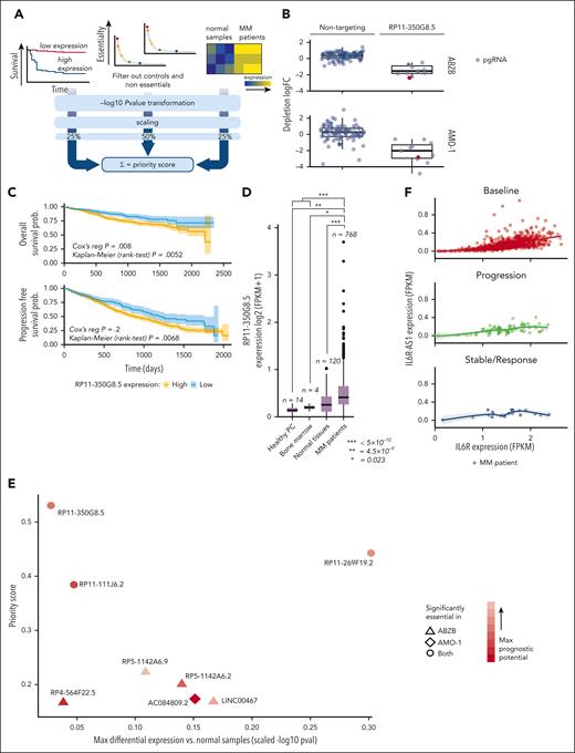 lncRNA prioritization scheme and results. (A) The lncRNA prioritization scheme integrating results from the CRISPR-Cas9 screens, prognostic relevance of lncRNAs and their differential expression (DE) in patients with MM contrasted to normal tissues, from publicly available data sets. (B) CRISPR-Cas9 depletion log fold change (logFC) of individual nontargeting pgRNAs and pgRNAs targeting the top-priority hit RP11-350G8.5, across the 2 screens. The pgRNAs selected and used for the follow-up experimental validations are reported in red. (C) Association between high basal expression of RP11-350G8.5 and poorer overall (OS)/progression-free survival (PFS) in patients with MM (from the MMRF/coMMpass study). Reported P values are from a Cox proportional hazards regression model and from a Kaplan-Meier log-rank test performed across a partition induced by the best discriminating patient-percentile threshold of RP11-350G8.5 expression (40% and 31%, respectively, for OS and PFS), which was determined in a supervised manner, for visualization purposes. (D) Basal expression comparison for RP11-350G8.5 across patients with MM, normal tissues, healthy bone marrow, and plasma cells. In the prioritization pipeline, DE is computed via a generalized linear model. Here, for visualization purposes, a Student t test has been performed across groups and resulting P values are reported. (E) High-priority oncogenic lncRNAs outputted by the prioritization pipeline. Each point is an lncRNA with coordinates on the 2 axes indicating, respectively, best scaled -log transformed P values from 2 DE analyses comparing patients with MM with normal samples (x-axis), and priority scores (y-axis). Shapes indicate the cell line in which the lncRNAs were found significantly essential, according to the screen; color intensities are proportional to the best P value from OS/PSF based on the lncRNA expression observed in patients with MM. (F) Comparison of basal expression of RP11-350G8.5 (IL-6R-AS1) and its antisense gene (IL-6R) showing only a mild significant positive correlation between sense and antisense genes in each group of patients across groups of patients with MM segmented on the basis of their response to bortezomib treatment.
