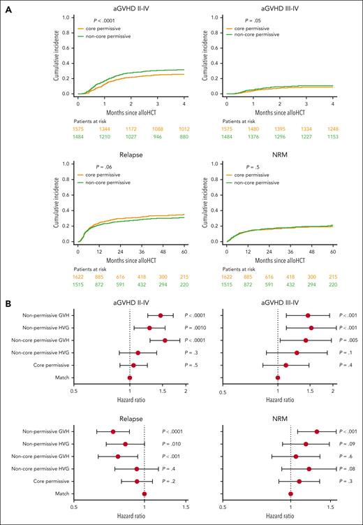 Directional permissive HLA-DPB1 mismatch subsets show differential associations with HCT outcome. (A) Cumulative incidences of grades 2 to 4 and 3 to 4 aGVHD, disease relapse, and NRM are plotted for HLA-DPB1 core permissive (yellow line) and noncore permissive (green line) mismatched pairs. P values indicated correspond to the univariable test of differential cumulative incidences between the 2 patient groups. Patients at risk at different time points are indicated for each group below each plot using the respective color coding. (B) Forest plots show the HR point estimates and 99% CI for grades 2 to 4 and 3 to 4 aGVHD, disease relapse, and NRM, and their associated P values from adjusted multivariable models. HLA-DPB1 permissive and nonpermissive mismatches were scored according to the core/noncore TCE model, in the GVH and HVG directions. Allele-matched patient-donor pairs are taken as reference. alloHCT, allogeneic HCT.