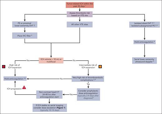 Management of acute VTE in patients with brain cancer, with recent ICH.1Excluding hemosiderin residues (usually intratumoral) as the sole finding. 2Isolated distal DVT refers to calf vein DVT without known PE (and without clinical suspicion of PE). 3Isolated subsegmental PE refers to isolated subsegmental PE without DVT on bilateral lower extremity ultrasound doppler (which is mandatory). 4Discuss risk-benefit ratio of anticoagulation and alternatives with patient and/or health care proxy and document before treatment initiation. 5Lower extremity ultrasound doppler after 1 week (and possibly again at 2 weeks) to exclude new DVT or proximal DVT progression. 6Periodically reassess risk-benefit of initiating anticoagulation.
