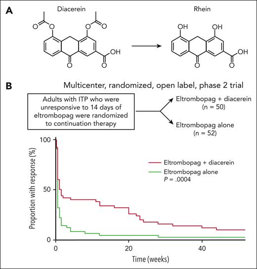 Diacerein augments the effects of eltrombopag in ITP. (A) Diacerein is an anthraquinone derivative used to treat osteoarthritis. After oral administration, diacerein is converted into its active metabolite, rhein. (B) Adults with ITP who were unresponsive to 14 days of eltrombopag monotherapy were randomly assigned to the 2 treatment arms. Kaplan-Meier analysis confirmed a longer duration of response in the eltrombopag + diacerein group than in the eltrombopag group (P = .0004). ITP, immune thrombocytopenia. The graph in panel B is adapted from Figure 2 in the article by Sun et al that begins on page 1791.