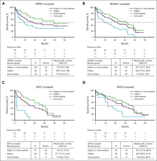 OS in patients treated with Ven-Aza in the higher- and intermediate-benefit groups with recurrent mutations. Data are for patients with (A) NPM1 mutations, (B) RUNX1 mutations, (C) IDH1 mutations, and (D) IDH2 mutations.