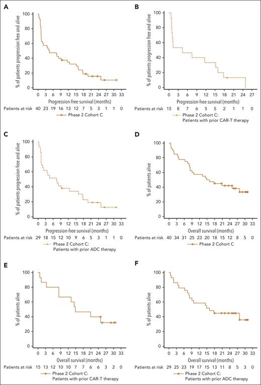 Kaplan-Meier plots of PFS and OS. Kaplan-Meier plots of PFS for overall cohort C population (N = 40) (A), patients with prior CAR-T therapy (B), and patients with prior ADC therapy (C) and OS for overall cohort C population (N = 40) (D), patients with prior CAR-T therapy (E), and patients with prior ADC therapy (F). The mPFS was 4.5 months (95% CI, 1.3-11.6) in panel A. Among patients who received prior CAR-T, the mPFS was 4.4 months (95% CI, 0.9-15.2) in panel B, and in patients who received prior ADC, the mPFS was 7.3 months (95% CI, 1.3-16.0) in panel C. The median OS was 15.5 months (95% CI, 8.3-27.9) in panel D. Among patients who received prior CAR-T, the median OS was 14.9 months (95% CI, 3.4-NE) in panel E, and in patients who received prior ADC, the median OS was 16.0 months (95% CI, 7.9 to NE) in panel F.