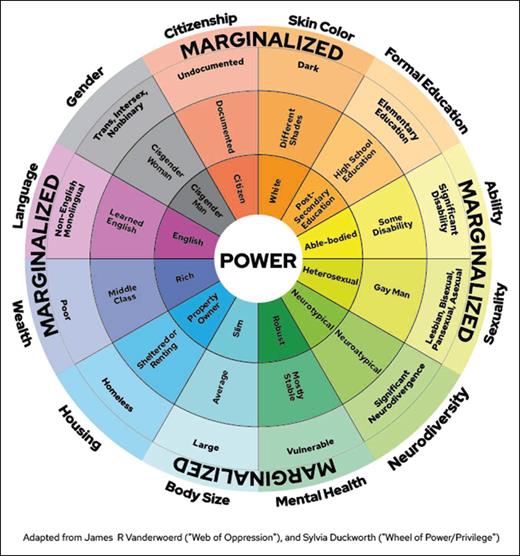 Wheel of power and privilege. Reproduced from https://kb.wisc.edu/instructional-resources/page.php?id=11938012 (licensed under a Creative Commons Attribution-NonCommercial 4.0 International License); adapted from Vanderwoerd11 and with permission from Sylvia Duckworth.