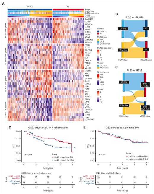 FL20 compared with other FL and DLBCL classifiers. (A) Heat map depicting a mixed series of FL (top row, pink) and DLBCL (top row, blue) samples (columns) with available RNA-seq data from Dreval et al.18 Genes (rows) have been grouped in different categories, that is, FL20 GC-like genes, FL20 MEM-like genes, and genes belonging to the DLCL COO classifier from Reddy et al.7 All samples have been classified according to either the DLCL COO classifier from Reddy et al7 (second row from top) or FL20 (fourth row from top). Consequently, almost all FL samples classified as GC-like by FL20 are accordingly classified as GCB by Reddy scoring7; however, only a few FL samples classified as MEM-like are called as ABC. The majority of patients with MEM-like FL are either GCB or unclassified by Reddy scoring.7 Overall, FL20 is able to split DLBCL samples into MEM-like and GC-like subgroups similar to the ABC and GCB subsets obtained by Reddy scoring. (B) Sankey plot using a previously published FL series with RNA-seq and genome sequencing data.18 When RNA-seq stratification according to FL20 (into GC-like, blue and MEM-like, yellow) was applied to this series, there was a partial overlap between the FL20 classification and the dFL (dark blue) vs cFL (pink) mutational classification from Dreval et al.18 (C) Correlations between the classification of FL samples according to either GS23 or FL20 predictors. GS23 was previously described to discriminate between patients with high-risk and those with low-risk FL.28 There was a significant overlap between these 2 FL classifiers derived from messenger RNA signatures, but discrepancies were observed for samples simultaneously classified as low-risk (GS23) and MEM-like (FL20). (D-E) PFS in the RELEVANCE discovery cohort as stratified by GS2328 in the R-chemo (P = .013) (D) and R2 (E) arms (P = .97).