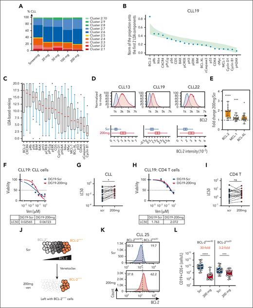 Venetoclax dose-dependent increase in BCL-2 protein detected in CLL cells. (A) Mean proportions of different CLL clusters from all patients in the cohort at the indicated timepoints during treatment. (B) Graph of the results of the LDA of data from the CLL clusters from patient CLL19 across increasing doses of venetoclax. The magnitude of the projection of each marker direction onto the plane of the first 2 LDA components is represented by blue dots. This has a maximum value of 1 if the marker direction lies in the planes of the first 2 LDA components. To reveal the markers that drive the changes, the markers are ordered on the x-axis by the magnitude of this projection. The green shaded area represents the distribution of ranking curves of randomly oriented planes (see “Methods”). (C) Summary of markers ranked by contributions to the first 2 LDA components in all patients for venetoclax dose escalation (seen in panel B for patient CLL19). The higher the ranking of a marker, the more it is affected by venetoclax dose changes with 20 being the highest ranked marker and 0 the lowest. (D) Representative histograms showing BCL-2 protein expression of curated pairs of patients with CLL at screening (blue) and after 200 mg VEN treatment (red) in patient CLL13, CLL19, and CLL22 as measured by flow cytometry. The distribution of BCL-2 levels in each sample is represented by the box and whisker plots in the lower panel. The box represents the 25th, 50th, and 75th percentiles of the population with x marking the mean and the whiskers representing the minimum and maximum values (excluding outliers). (E) Fold change in BCL-2, MCL-1, and BCL-XL protein expression in samples after 200 mg treatment normalized to screening in individual patients. P values were calculated using raw data and Student 2-tailed paired t test. (F) Representative results of venetoclax sensitivity in an in vitro assay of CLL cells from patient CLL19. (G) Summary of the LC50 values of CLL cells at screening and after 200 mg venetoclax treatment. (H) Representative results of venetoclax sensitivity in an in vitro assay in nontransformed CD4+ T cells from patient CLL19. (I) Summary of the LC50 values of CD4+ T cells at screening and after 200 mg venetoclax treatment. (J) Schematic representation of the hypothesis. CLL cells express a range of BCL-2 amounts, from BCL-2+ to BCL-2+++. CLL cells with relatively lower levels of BCL-2 (BCL-2+) are more sensitive to venetoclax treatment, thereby enriching for CLL cells with higher BCL-2 levels (BCL-2+++) after venetoclax monotherapy. (K) Distribution of BCL-2 in CLL cells before (Scr) and 1 week after 200 mg dose of venetoclax with a dashed line indicating the threshold distinguishing the top 20% of BCL-2 expressors (BCL-2top20) and 80% lower BCL-2 expressors (BCL-2lower80) at screening. This threshold was then applied to each paired profile after 200 mg treatment. (L) Estimated concentration of BCL-2top20 and BCL-2lower80 in CLL cells in the blood at screening and after 200 mg venetoclax treatment based on the BCL-2top20/BCL-2lower80 threshold assigned in the screening sample. P values calculated using ratio paired t test. For box and whisker plots in panel D, outliers were omitted from the plot with an outlier factor of 1.5. Outliers represented less than 2.5% of the total population in all samples. For panels G and I, Student 2-tailed paired t test was used (patients with missing values were excluded from analysis). For panels E and L, the mean ± standard error of the mean (SEM) is shown. ∗P < .05; ∗∗∗P < .005; ∗∗∗∗P < .001. BIM, BCL-2 interacting mediator of cell death; cMyc, myelocytomatosis oncogene protein; Ikba, NK-κ-B inhibitor α; LC50, lethal concentration 50; ns, not significant; pERK, phosphorylated extracellular signal-regulated kinase; pPLCg, phosphorylated phospholipase C γ; pRb, retinoblastoma protein.