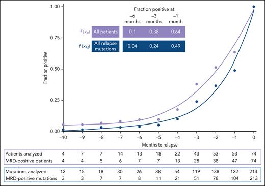 Polynomic curve interpolation of MRD results per patient and per relapse mutation to model relapse dynamics. Full cohort of 74 patients (median, 3 trackable mutations per patient; range, 1-7), mutations in DTA and non-DTA genes were used as MRD markers. Relapse mutations (n = 213) were, if possible, repetitively monitored by NGS-MRD (total number of prerelapse NGS analyses n = 296; median, 1; range, 1-6). MRD status of each marker or each patient was assumed negative until the first sample was measured positive. MRD positivity was assumed for all time intervals following an MRD-positive result until relapse. By calculating the number of positive patients or mutations in a given interval as a fraction of the total number of patients or mutations, we were able to compare relapse kinetics patterns for patients (xP) and mutations (xM), respectively. f(xP)=0.97+0.3xP+0.03xP2+0.0004xP3−0.0000912xP4−0.000003559xP5, f(xM)=0.97+0.5xM+0.1xM2+0.01xM3+0.0008xM4+0.00002xM5.