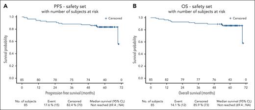Outcome of patients included in LyMa-101. PFS (A) and OS (B) after inclusion in the LyMa-101 protocol for the 85 treated patients. CL, confidence limit.