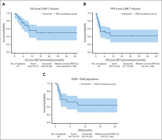 Outcomes after CAR T-cell therapy in patients previously exposed to BsAb treatment. (A) OS after CAR T-cell therapy (n = 47). (B) PFS after CAR T-cell therapy (n = 47). (C) Duration of response (DoR) after CAR T-cell therapy (n = 38). CL, confidence limit; NA, not applicable.