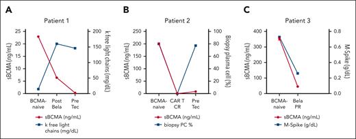 sBCMA levels parallel BM plasma cell BCMA expression. sBCMA levels from peripheral blood plasma at relevant timepoints show that low plasma sBCMA reflects the loss of plasma cell BCMA expression when assessed relative to the method of disease burden measurement used for each patient. (A) Patient 1 showed undetectable sBCMA before treatment with teclistamab (Tec). (B) Patient 2 showed undetectable sBCMA while in a CR to BCMA-directed CAR T-cell therapy, which remained low following relapse. (C) Patient 3 showed a disproportionate drop in sBCMA relative to serum monoclonal protein while in a PR to belantamab mafodotin (Bela), which preceded eventual BCMA-negative relapse. CR, complete response; PC, plasma cell; PR, partial response.