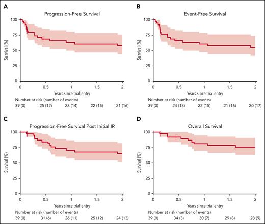 Survival outcomes. Survival Kaplan-Meier curves of PFS (A), event-free survival (B), PFS after initial IR therapy (C), and OS (D).