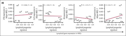 Inflammatory factors associated with stress and old age are not observed in steady-state MA female mice. (A) GSEA of a hallmark inflammatory response signature in young and MA MSC-Adipo-1, MSC-Adipo-2, MSC-Osteo, EC-Arteriolar, and EC-Sinusoidal (SEC) cell clusters. (B) Differential expression of Il1b, Ccl6, Ccl5, Il6, Tnf, C4b, Cfb, and C3 in MA vs young MSC-Adipo-1, MSC-Adipo-2, MSC-Osteo, EC-Sinusoidal (SEC), and EC-Arteriolar (AEC) cell clusters, old (2 years) vs young MSC (CARc) and SECs∗, and young LPS-treated or polyI:C (pI:C)-treated vs young MSC (CARc) and SECs∗. ∗Derived from published data.48 (C) Heat map representing differential expression of Il1b, Ccl6, Ccl5, Il6, Tnf, Ifng, C4b, Cfb, and C3 in all MA vs young cell clusters. (D) Relative protein level of IL-1α, RANTES, IL-6, TNF, IFN-γ, IL-2, IL-3, IL-4, and IL-7 in BM fluid from young (2 months) and MA (12-14 months) mice. Bars represent mean ± standard error of the mean of n = 5-8 per condition. P values were calculated using 2-way analysis of variance with Sidak multiple comparisons test. ∗∗∗∗P < .0001. (E) Experimental design to analyze CM from Igf1–/– and control MSCs. (F) Concentration of IL-1α, IL-1β, IL-6, IFN-γ, and IL-7 in CM from young control (2 months) and Igf1–/– MSCs. Each dot represents 1 biological replicate. (G) Correlation between Il1b, Ccl5, Il6, and Tnf expression in Adipo-MSC-1 and differentiation-inactive HSC signature in individual MA mice. Each dot represents 1 mouse. (H) Correlation between Il1b, Ccl5, Il6, and Tnf expression in Adipo-MSC-1 and lymphoid progenitor signatures and genes in HSCs in individual MA mice. Each dot represents 1 mouse. WT, wild type.