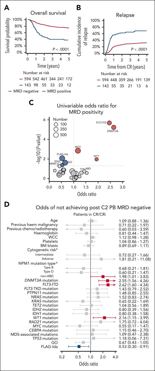 Effect of MRD negativity and factors associated with not achieving MRD negativity. (A) Kaplan-Meier curve of OS in all patients with NPM1 mutant, by PC2 PB MRD status. (B) CIR in all patients with NPM1 mutant, by PC2 PB MRD status. (C) Volcano plot of univariable associations with not achieving MRD negativity. The HR for age is per 10 years, and WCC and platelets are log-transformed. (D) Multivariable logistic regression of factors associated with not achieving MRD negativity. The HR for age is per 10 years, and WCC and platelets are log-transformed. ∗Cytogenetic risk is with normal karyotype as the reference group. ^NPM1 mutation type is with type A as the reference group.