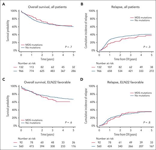 Outcomes in patients with and without mutations in MDS-associated genes. (A) Kaplan-Meier curve of OS in all patients with NPM1 mutant, by the presence of mutations in MDS-associated genes. (B) CIR in all patients with NPM1 mutant, by the presence of mutations in MDS-associated genes. (C) Kaplan-Meier curve of OS in ELN22 favorable-risk patients with NPM1 mutant, by the presence of mutations in MDS-associated genes. (D) CIR in ELN22 favorable-risk patients with NPM1 mutant, by the presence of mutations in MDS-associated genes.