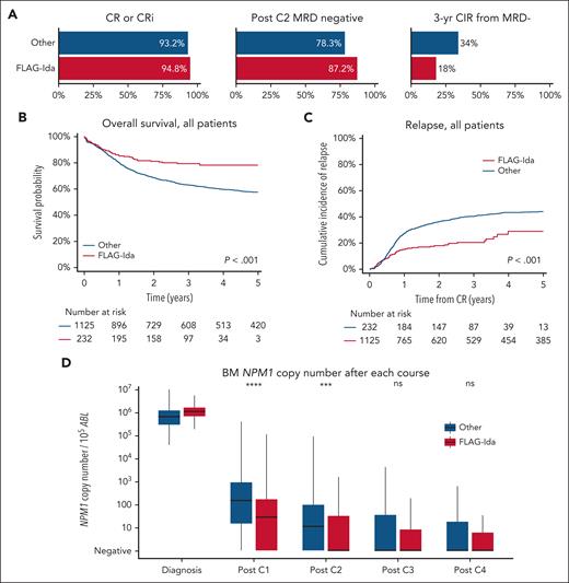 Impact of the induction chemotherapy regimen. (A) Rates of remission, PC2 MRD negativity, and relapse from MRD– state, by induction chemotherapy regimen. (B) Kaplan-Meier curve of OS in all patients with NPM1mut, by induction chemotherapy regimen. (C) CIR in all patients with NPM1 mutant, by induction chemotherapy regimen. (D) BM NPM1 MRD copy number (per 105 copies ABL1) after each course of chemotherapy, by induction chemotherapy regimen. ns, not significant. ∗∗∗P < .001; ∗∗∗∗P < .0001.