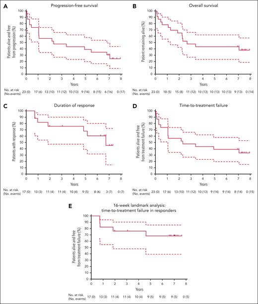 Key survival outcomes for patients with R/R MCL. Kaplan-Meier plots, with 95% CIs (dashed lines) for PFS (A), OS (B), DOR (C), TTF (D), and 16-week landmark analysis (E) for TTF in responders. Tick marks represent censoring at last follow-up before data cutoff for patients without an event. Note: Patient 2 could not be stringently evaluated by PET until removal of a ureteric stent near site of original disease, with CR by CT/PET formally documented after 2 years on study. For landmark analysis (E), patient 2 was included as a responder at week 16 to reflect the overall clinical assessment at the time. CT, computed tomography.