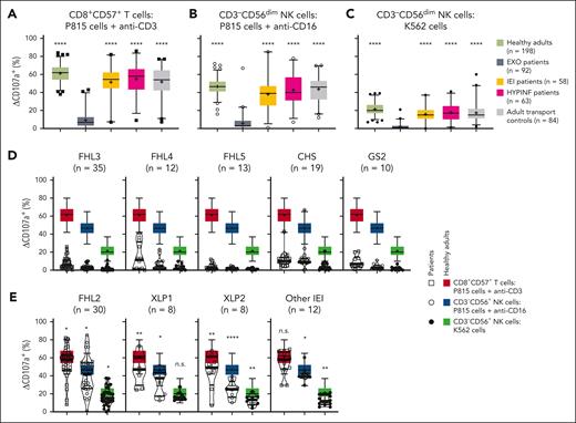 Exocytosis is defective in cytotoxic lymphocytes of FHL3-5, CHS, and GS2 patients. (A-C) Percentages of CD8+CD57+ T cells (A) or CD3–CD56dim NK cells (B-C) expressing surface CD107a after incubation with P815 cells with anti-CD3 antibody (A), P815 cells with anti-CD16 antibody (B), or K562 cells (C), shown for 5 different groups, as indicated. Values represent the difference in CD107a levels of stimulated against control unstimulated cells. Boxes display quartiles and whiskers display 2.5th and 97.5th percentiles, as well as outliers. Student t test comparing EXO against the other groups; ∗∗∗∗P < .0001. (D-E) Exocytosis data of specific patient categories from the “impaired exocytosis” and “other IEI patients” groups are shown individually. Each individual patient value is represented by a symbol, with violin plots indicating quartiles. Colored markings depict normal ranges from 198 healthy adults, with boxes displaying quartiles and whiskers displaying 2.5th and 97.5th percentiles. (E) Student t test comparing patients with 198 heathy adult controls; n.s., not significant; ∗P < .05; ∗∗P < .01; ∗∗∗∗P < .0001. CHS, Chediak-Higashi syndrome; FHL3, familial hemophagocytic lymphohistioccytosis type 3; XLP1, X-linked lymphoproliferative disease type 2.