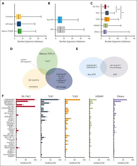 Association of SNP array results with immunophenotype and oncogenetics. (A-C) Box plots showing the number of genomic imbalances per sample according to immunophenotypic subgroups: immature, αβ lineage and mature TCR γδ (A), in ETP and non-ETP subgroups (B), and according to oncogenetics subgroups: SIL-TAL1, TLX1, TLX3, HOXA9 overexpressing, and negative subgroups (C). (D-E) Venn diagram indicating the recurrent genomic imbalances with a significantly higher incidence between the immunophenotypic subgroups (D) and ETP vs non-ETP subgroups (E) (P < .01). (F) Bar plots indicating the incidence of recurrent genomic imbalances according to oncogenetic subgroups. ∗P < .01.