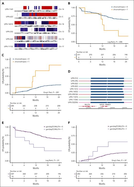Illustration and clinical impact of chromothripsis and gains at 6q27 affecting MLLT4 in T-ALL. (A) SNP array results indicating chromothripsis events in T-ALL, n = 6. (B) EFS according to the presence of chromothripsis in the whole cohort of T-ALL (P = .008). (C) CIR according to the presence of chromothripsis in the whole cohort of T-ALL (P < .001). (D) SNP array results indicating a duplication at 6q27 affecting MLLT4 in T-ALL, n = 10. (E) EFS according to the presence of a gain at 6q27 in the whole cohort of T-ALL (P = .01). (F) CIR according to the presence of a gain at 6q27 in the whole cohort of T-ALL (P = .07).