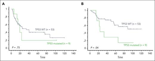 Survival curves of 62 patients with MCL experiencing late POD divided according to TP53 mutational status at lymphoma diagnosis. (A) PFS from time of second-line therapy (PFS-2) of TP53 wild-type (WT; median, 25 months) vs mutated (median, 19 months). (B) Overall survival from time of second-line therapy (OS-2) of TP53 WT (median not reached) vs mutated (median, 24 months).