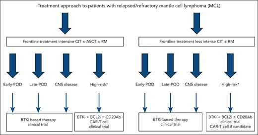 Treatment approach to patients with r/r MCL. ∗High-risk refers to MCL with TP53 mutations and/or blastoid or pleomorphic morphology and/or Ki-67 ≥50% (≥30% in select cases). BCL2i, B-cell lymphoma 2 inhibitor; CAR-T, chimeric antigen receptor T-cell therapy; CD20Ab, CD20 monoclonal antibody; CNS, central nervous system.