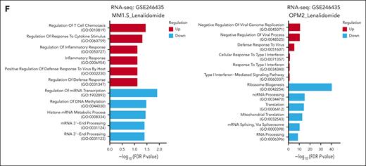 Lenalidomide induces dsRNA-sensing pathway and stimulates anti-MM intrinsic immunity in MM cells. (A) Schematic diagram illustrating the activation of the dsRNA sensor–mediated signaling pathways in cells. (B) Western blot analysis of cytoplasmic cell lysates for total ADAR1 (ab88574; Abcam), ADAR1 p150 (ab126745; Abcam), and the dsRNA sensor–mediated signaling in ADAR1-KD RPMI-8226 and OCI-MY5 cells (left). The bar graphs (right) summarize p-PKR, p-IRF3, and p-eIF2α band intensities normalized to GAPDH and total protein content, quantified via ImageJ. Densitometry analyses for the relative protein expression normalized to GAPDH are displayed below the western blots. (C) Spontaneous IFN-β protein secretion by ADAR1-KD RPMI-8226 and OCI-MY5 cells in the culture supernatant, assessed by enzyme-linked immunosorbent assay (ELISA). (D) Heat map showing the normalized mRNA expression of ISGs and IFNs (IFN-α and IFN-β) in ADAR1-KD RPMI-8226 and OCI-MY5 cells, determined by qRT-PCR. (E) Western blot analysis of cytoplasmic-cell lysates for total ADAR1 (ab88574; Abcam), ADAR1 p150 (ab126745; Abcam), and the dsRNA sensor–mediated signaling in lenalidomide-sensitive (Len-sensitive) KMS-11 and MM1.S cells vs LenR RPMI-8226 and OCI-MY5 cells after treatment with lenalidomide (1 or 10 μM) for 72 hours (left). The bar graphs (right) summarize p-PKR, p-IRF3, and p-eIF2α band intensities normalized to GAPDH and total protein content, quantified via ImageJ. Densitometry analyses for the relative protein expression normalized to GAPDH are displayed below the western blots. (F) Histogram of GO enrichment analysis after lenalidomide treatment (10 μM) in MM1.S and OPM2 cells at 12 hours and 24 hours, respectively, relative to control (RNA-seq data GSE246435, FDR adjusted P value <0.05 and log2-fold >1.5). Data are presented as mean ± SD of biological triplicates. Statistical significance is denoted by ∗P ≤ 0.05; ∗∗P ≤ 0.01; ∗∗∗P ≤ 0.001, as determined by two-tailed Student t test. FDR, false discover rate; GO, gene ontology.