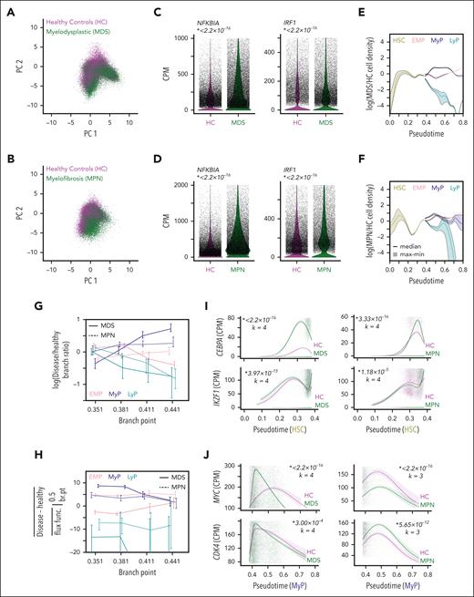 Model-aided analysis identifies common HSPC dysregulation in myeloid neoplasms. (A) CD34+ HSPC scRNA-seq data from patients with MDS and healthy controls (HC) (B: patients with MPN and HC) projected into the same gene expression space as the murine models. (C) Expression of NFκB-response genes, Nfkbia and Irf1, in MDS vs HC HSPCs (D: MPN vs HC HSPCs). Italicized number is P value given by Wilcoxon rank-sum test. (E) Ratio of MDS to HC HSPC density (F: MPN to HC HSPC density) over pseudotime (assuming equal number of HSPCs in each condition) estimated 1000 times to reflect uncertainty in lineage assignments; solid line indicates median and shaded region covers minimum to maximum value. (G) Difference in branching ratio between MDS (solid lines) or MPN (dashed lines) and HC inferred from fitting the population dynamics model to the scRNA-seq data with different branch-point values. Lines connect median values and error bars denote maximum/minimum values across 500 fits. (H) Analogous to G for the average difference of developmental-flux functions in early (branch-point to 0.5) progenitor lineages. (I) Expression of Cebpa and Ikzf1 along the HSC lineage in MDS patients (left) and MPN patients (right) compared with healthy controls. (J) Expression of Myc and c-Myc response gene, Cdk4, along the MyP lineage in patients with MDS (left) and patients with MPN (right) compared with healthy controls. Lines in panels I-J are NB-GAM fits, shaded regions are 95% confidence intervals, and transparent points are individual cell data. Italicized numbers are P values and degrees of freedom used for NB-GAM fits specified by k.