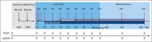 Treatment and sampling schedule. Every “X” on the sampling schedule represents an FCM and ctDNA sample. Benda, bendamustine; C1, cycle 1; C2, cycle 2; C3, cycle 3; C4, cycle 4; C5, cycle 5; C6, cycle 6; DB1, debulking cycle 1; DB2, debulking cycle 2; FCM, flow cytometry; IR, initial response assessment; M1, maintenance staging 1; M2, maintenance staging 2; Mx, maintenance stagings 3 to 8; obi, obinutuzumab; RE, final restaging.