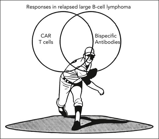 Venn diagram of lymphomas treated with CAR T-cell and bispecific therapies, demonstrating both overlapping and distinct responses.