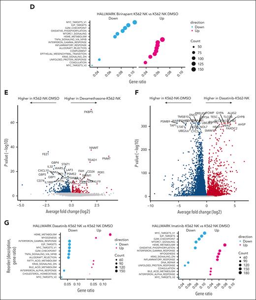 Transcriptional changes identified in K562 target cells caused by drug and NK-cell coculture. (A) Dot plot of selected genes upregulated and downregulated in K562 cells exposed to NK cells and drugs. Transcriptional data used for comparison are K562 cells from coculture alone (NK-K562-DMSO). Dots encircled by gray indicate FDR <0.1. Magnitudes of gene fold changes are depicted by dot color, and the magnitude of FDR is depicted by dot size. FDR was calculated using the BH test. (B-C) Volcano plots of differentially expressed genes from selected conditions of NK-target cell coculture and drug. Genes with an adjusted P value (BH) < .1 are colored red. (D) Top upregulated and downregulated HALLMARK pathways in K562 cells in birinapant-K562-NK condition as compared with K562 cells from K562-NK-DMSO control condition (E-F) Volcano plots of differentially expressed genes from selected conditions of NK-target cell coculture and drug. Genes with an adjusted P value (BH) < .1 are colored red or blue. (G) Top upregulated and downregulated HALLMARK pathways in K562 cells in dasatinib-K562-NK condition (left) and imatinib-K562-NK condition (right).