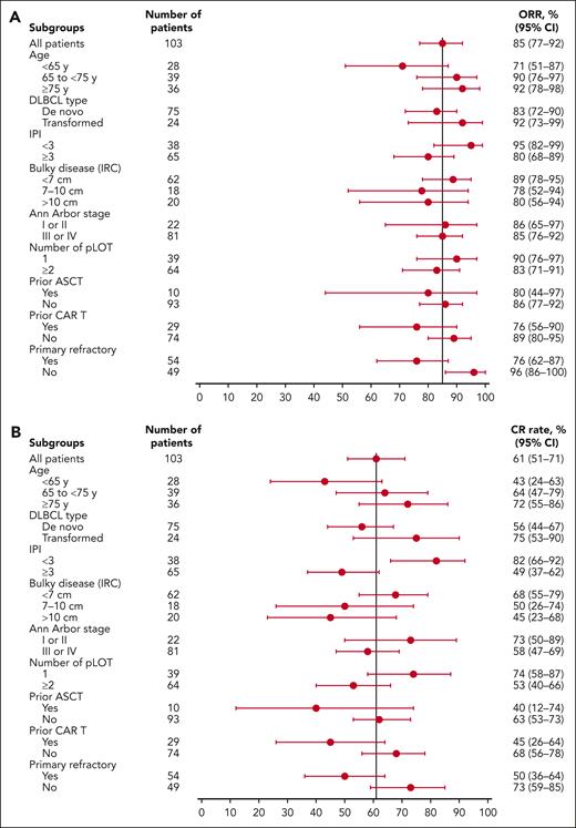 Response rates by subgroup. ORRs (A) and CR rates (B) by IRC assessment in subgroups. IPI, International Prognostic Index.