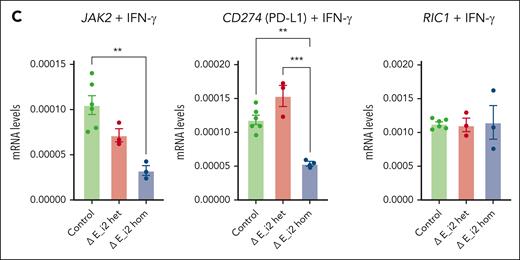 JAK2 haplotype regulates PD-L1 expression as shown by CRISPR/Cas9 deletion. (A) Genomic locus of JAK2, indicating the region of intron 2 that was deleted to test its regulatory activity (hg19 chr9:5006961-5018796) based on the location of strongly linked 46/1 SNPs (see the supplemental Methods; supplemental Table 3). (B) Expression of JAK2 (left), PD-L1 (middle), and RIC1 (right) in control (green), heterozygous (red), and homozygous (blue) intron 2 element (E_i2) deleted K562 clones. (C) Expression of JAK2 (left), PD-L1 (middle), and RIC1 (right) in control (green), heterozygous (red), and homozygous (blue) intron 2 element (E_i2) deleted K562 clones treated overnight with 10 ng/mL of interferon gamma. In panels B-C, mRNA levels were normalized using GAPDH as an endogenous control, and data were analyzed by 1-way analysis of variance followed by Tukey multiple comparison test; ∗P < .05; ∗∗P < .01; ∗∗∗P < .005; ∗∗∗∗P < .001. Het, hetrorozygous; Hom, homozygous; IFN-γ, interferon gamma; mRNA, messenger RNA.