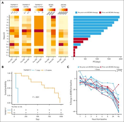 TNFRSF17 copy number and BCMA protein expression correlate with PFS. (A) Tumor cell TNFRSF17 mRNA expression, gene activity score (normalized counts within chromatin accessible gene promoters), copy number, BCMA MFI, and sBCMA in relation to PFS in patients receiving anti-BCMA CAR T-cell therapy (n = 15). (B) Kaplan-Meier survival curve by TNFRSF17 copy number status detected in plasma cells before GSI exposure. (C) Percent change in sBMCA levels measured in the serum after GSI treatment compared with pretreatment baseline levels. All comparisons to baseline except the 1-hour measurement were statistically significant (Wilcoxon rank-sum test, P < .05).