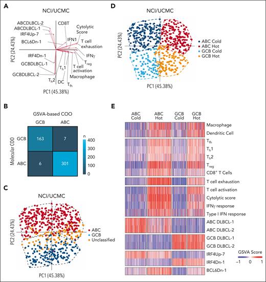 Transcriptomic analysis identifies 4 unique DLBCL immune environments. (A) PCA biplot showing the contribution of immune-related gene sets and COO-related gene sets to PC1 and PC2, respectively. (B) Confusion matrix showing the concordance between GSVA-based COO classification and molecularly defined COO designations for all DLBCLs in the discovery cohort (NCI/UCMC, N = 577). (C) PCA plot showing concordance between sample-wise GSVA COO scores and molecularly defined COO calls for all DLBCLs in the discovery cohort. Clusters are defined by the dashed line. (D) PCA plot showing sample-wise GSVA enrichment scores for DLBCLs in the discovery cohort, labeled by IQ name (ABC cold, dark blue; ABC hot, red; GCB cold, light blue; GCB hot, yellow). (E) Heat map showing sample-wise GSVA enrichment scores for all 19 gene sets.