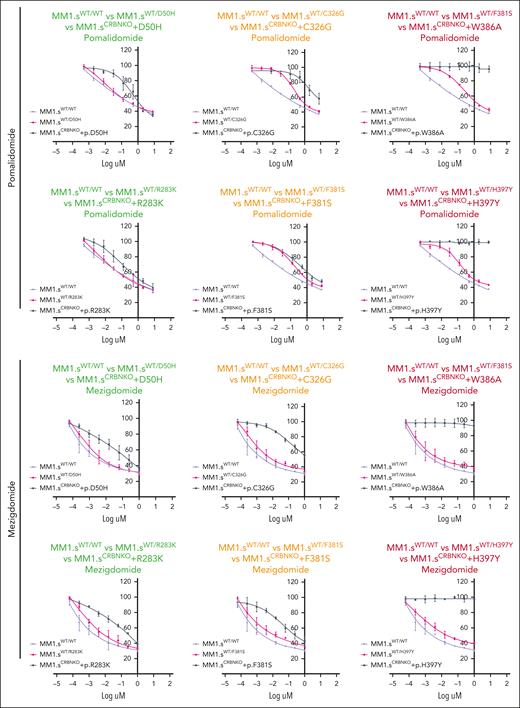 The effect of CRBN mutations in a heterozygous model. (A) GI50 cell viability measurements for the CRBNWT/WT cell line (WT plasmid overexpression) and each cell line with heterozygous CRBN (mutated CRBN overexpression). The corresponding CRBNKO clone 1 homozygous mutation GI50 curve from Figure 2A has been added to each graph (gray) only to aid in the visual comparison between heterozygous and homozygous mutations. The color of the title for each graph denotes the effect on cell viability associated with each mutation in its homozygous state, where green is associated with reduction in cell viability comparable with parental MM1.s, red denotes no reduction in cell viability, and orange highlights the mutations whose presence leads to partial reduction in cell viability. Cells were treated with DMSO or increasing concentrations of Pom (maximum concentration 8 μM) and Mezi (maximum concentration 1 μM) for 5 days. Cell viability was determined using the CellTiter-Blue assay and expressed as a % of DMSO control. Results are the mean ± SEM of n = 3 biological replicates.