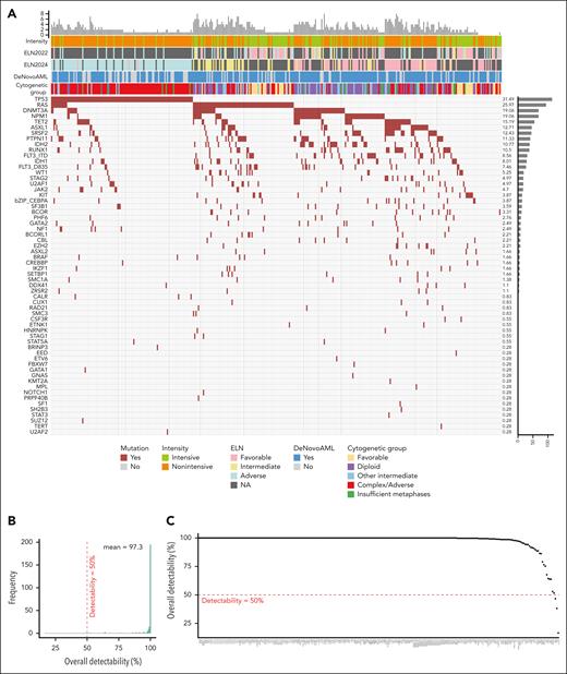 Overview of patient characteristics and data quality. (A) Oncoprint of the treatment intensity, ELN classification, cytogenetic groups, and 81-gene next-generation sequencing (NGS) mutational profiles of the 362 patients with newly diagnosed AML in the in-house discovery cohort. The top histogram displays the number of mutations detected by NGS in each individual patient, whereas the right histogram depicts the frequency of each mutation across the cohort. (B) Overall frequency of protein detectability across the 362 samples. (C) Individual protein detectability in 362 samples. NA, not applicable.