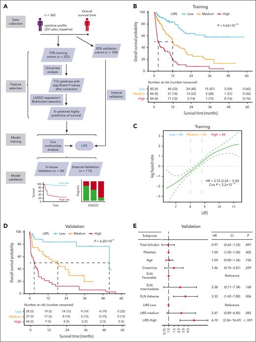 Defining LIRS. (A) Workflow of machine learning pipeline identifying the most prognostic inflammatory proteins. (B) Kaplan-Meier survival curves of patients with high, medium, and low LIRS risk separated by score tertile in the training cohort. (C) Cubic spline showing the log HR across the continuous LIRS score in the training cohort. (D) Kaplan-Meier survival curves of patients in the validation cohort separated by LIRS high-, medium-, and low-risk groups by score tertile. (E) Forest plot of the multivariable Cox model in validation cohort incorporating significant prognostic factors for OS in AML with LIRS. For categorical variables ELN and LIRS, ELN favorable and low LIRS group were used as reference level, respectively.