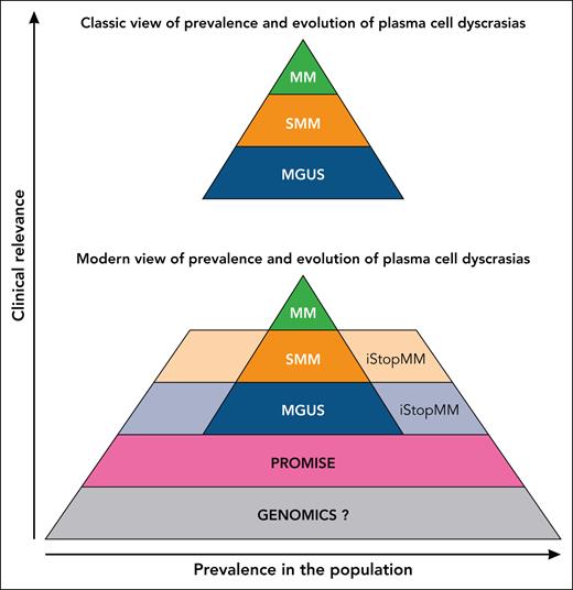 Schematic representation of the prevalence of monoclonal gammopathies according to the classical view (above) and to the most recent findings (below). The iStopMM population screening study on Icelandic adults used serum protein electrophoresis and free light chain measurement.5 The PROMISE screening study on high-risk populations used mass spectrometry.6 Genomics cohort-based studies estimated the timing of initiation of clonal plasma cell conditions.1,2,4 The size and proportion of the figure are not in scale and are only meant to support a conceptual view of prevalence of the conditions. MGUS, monoclonal gammopathy of unknown significance; MM, multiple myeloma; SMM, smoldering multiple myeloma. Professional illustration by Patrick Lane, ScEYEnce Studios.