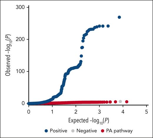 Quantile-quantile plot of observed vs expected P values from the genome-wide association analysis for positive controls, negative controls, and hypothesis-based PA pathway genes and VTE incidence. Expected vs observed –log10 of P values. Data points showing negative control genes (gray) and PA pathway genes (red) overlap. The minimum P value for F5 (rs6025, FV Leiden, P < 1.00E-300) is not shown in the plot.
