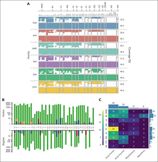 Array-generated typing for HEAs. (A) Comparison of clinical and UBDT_PC1 array-based HEA-typing density. In the graph, the presence of color represents a typing result (positive or negative), and the absence of color indicates a lack of a typing result. The graph is stratified according to the ancestry of the study participants, with a top and bottom panel for each ancestry group representing the density of clinical and array typing results, respectively. EUR, AFR, AMR, SAS, EAS, and OTH ancestries are shown. The HEA systems and relevant antigen types are indicated on top of the graph, and the typing density as a percentage of the total possible types is given on the right of the graph. (B) Concordance between clinical and array-generated HEA types. Bar plots showing the number of comparisons (y-axis) per HEA type (x-axis) with concordant results obtained by both Sanquin and NYBC in green and discordant results by both Sanquin and NYBC in blue, Sanquin only in orange and NYBC only in red. Ascending and descending bars represent the number of comparisons to positive clinical or negative clinical antigen types, respectively. Bar plots show the number of comparisons on a log scale. (C) HEA typing discordances. Heat map showing the cause of the discordance (columns) between clinical and array-generated types by HEA system (rows). The number of unique discordances per system and the number per cause of discordance are given on the right and top marginal bar plots, respectively. AFR, African; AMR, Admixed American; EAS, East Asian; EUR, European; OTH, other; SAS, South Asian.