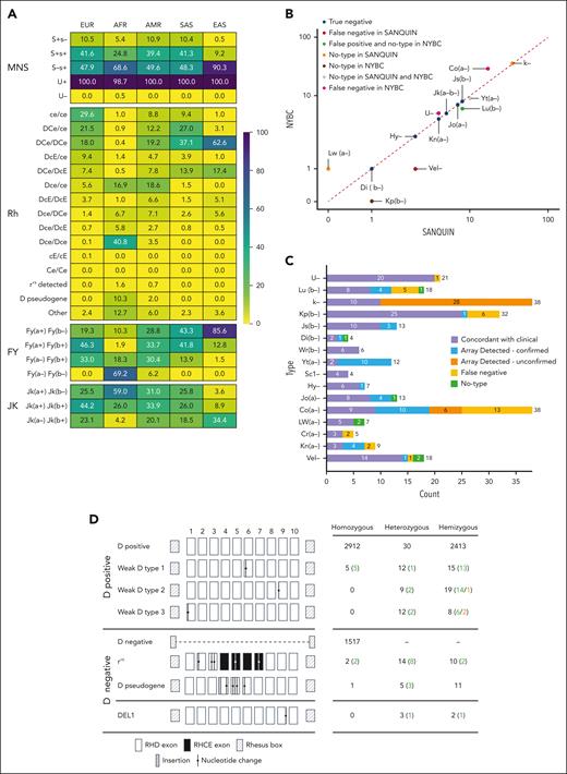 Common and rare HEA types. (A) Ancestral differences in frequencies of some common HEA types, which frequently elicit alloantibody formation. Heat map with the ancestry stratified frequencies of the common MNS, Rh, FY, and JK types in the unified set of 6679 DNA samples. Heat map colors range from yellow (0%) to deep blue (100%), showing HEA-type frequencies within each ancestry group. (B) Number of HFA− samples identified in the unified set of 6679 DNA samples with those identified by Sanquin and NYBC on the x- and y-axes, respectively. True negative, false negative in Sanquin, false positive and no-type in NYBC, no-type in Sanquin, no-type in NYBC, no-type in Sanquin and NYBC, and false negative in NYBC are showing in blue, red, green, orange, brown, gray, and magenta, respectively. (C) Number of patients typed negative for 16 HFA identified in the extended unified sample set. Bar plot shows phenotype and the count of negative typing results on the x- and y-axes, respectively. Typing results concordant with clinical type, array detected and confirmed, array detected and unconfirmed, false negative array types, and no-type results are shown in purple, blue, orange, yellow, and green, respectively. (D) Concordance between clinical and array-generated results for DNA samples harboring complex Rh genotypes. A graphical representation of 8 alleles of the RHD gene, in descending order: D+ (RHD∗01), weak D type 1 (RHD∗01W.1), weak D type 2 (RHD∗01W.2), weak D type 3 (RHD∗01W.3), D– (RHD∗01N.01), r'S type 1 (RHD∗03N.01), D pseudogene (RHD∗08N.01), and DEL1 (RHD∗01EL.01). Counts on the right show the number of alleles detected, confirmed by clinical type, and discordant in the extended unified sample set in black, green, and orange, respectively. AFR, African; AMR, Admixed American; EAS, East Asian; EUR, European; SAS, South Asian.