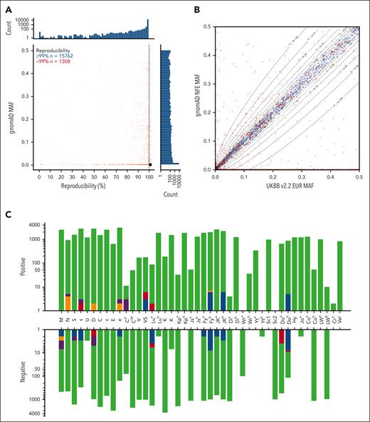Performance of transfusion module on UKBB_v2.2 array. (A) Genotype reproducibility for 17 070 biallelic probe-variant pairs included in the UKBB_v2.2 array design. Reproducibility expressed as percentage of concordant genotype comparisons, and gnomAD MAF for each variant are displayed on the x- and y-axes, respectively. Blue hexagons and red dots on the central scatterplot represent the density of probes with reproducibility ≥99% and individual probes with <99% concordance, respectively. Marginal histograms show probe counts on a log scale. (B) Correlation of the MAF in EUR study participants vs (non-Finnish) EUR participants from the gnomAD database for each probe-variant pair. Probes with ≥99% and <99% genotype reproducibility are shown in blue and red, respectively. Contour lines represent boundaries of statistical significance with corresponding P values calculated using the χ2 test. (C) Concordance between clinical and array-generated HEA types for the unified samples genotyped in triplicate (n = 3791). Bar plots showing the number of comparisons (y-axis) per HEA type (x-axis) with concordant results obtained by all 3 test sites in green and discordant results by all test sites in blue, Sanquin only in orange, NYBC only in red, and NHSBT only in purple. Ascending and descending bars represent the number of comparisons to positive clinical or negative clinical antigen types, respectively. Bar plots show the number of comparisons on a log scale. EUR, European; MAF, minor allele frequency; NFE, non-Finnish European.