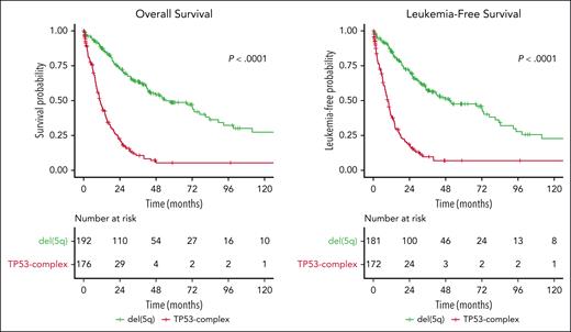 Kaplan-Meier analysis of overall survival and leukemia-free survival of patients with MDS with a deletion 5q as a chromosomal abnormality. Patients are subdivided into 2 groups according to the molecular taxonomy of MDS illustrated in supplemental Figure 2: the TP53-complex group (defined by the presence of TP53 multihit state and/or CK) or the del(5q) group (defined by the presence of del(5q) as the sole cytogenetic abnormality or with 1 additional abnormality excluding −7/7q, and by the absence of TP53 multihit state). Patients belonging to the TP53-complex group had significantly worse overall survival and higher risk of leukemic transformation, consistent with a substantially different disease biology. These observations substantiate the current diagnostic criteria for MDS-del(5q), which exclude the presence of TP53 multihit state and CK.6,7P values are from the log-rank test.