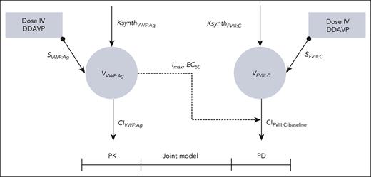 Structure of the post-DDAVP FVIII and VWF pharmacokinetic model.VVWF and VFVIII represent the central volume of distribution of VWF and FVIII; KsynthVWF and KsynthFVIII represent the zero-order synthesis constant of VWF and FVIII; ClVWF and ClVWF represent the first-order elimination rate of VWF and FVIII; Imax represents the inhibitory effect of VWF:Ag on FVIII clearance (ClFVIII); ClFVIII−Baseline represents the FVIII clearance to the baseline level.
